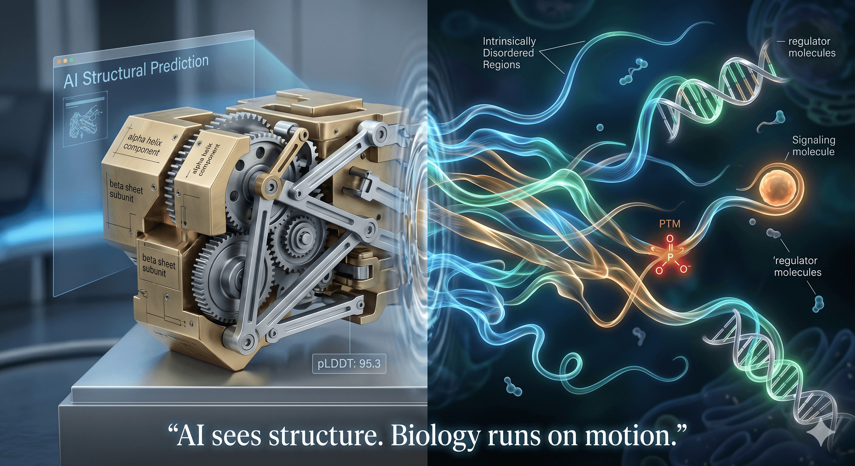 Side-by-side visual: on the left, an AI structural prediction rendered as rigid clockwork gears with pLDDT 95.3 high confidence; on the right, fluid intrinsically disordered protein regions with regulator molecules, signaling molecules, and PTMs flowing around DNA strands. Tagline reads 'AI sees structure. Biology runs on motion.'