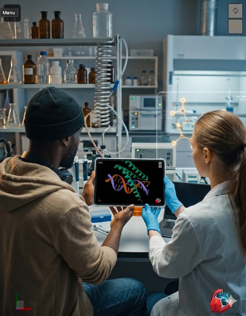 Two researchers collaborating over a tablet in a lab, exploring a protein-DNA structure together on the ackee-branded molecule viewer